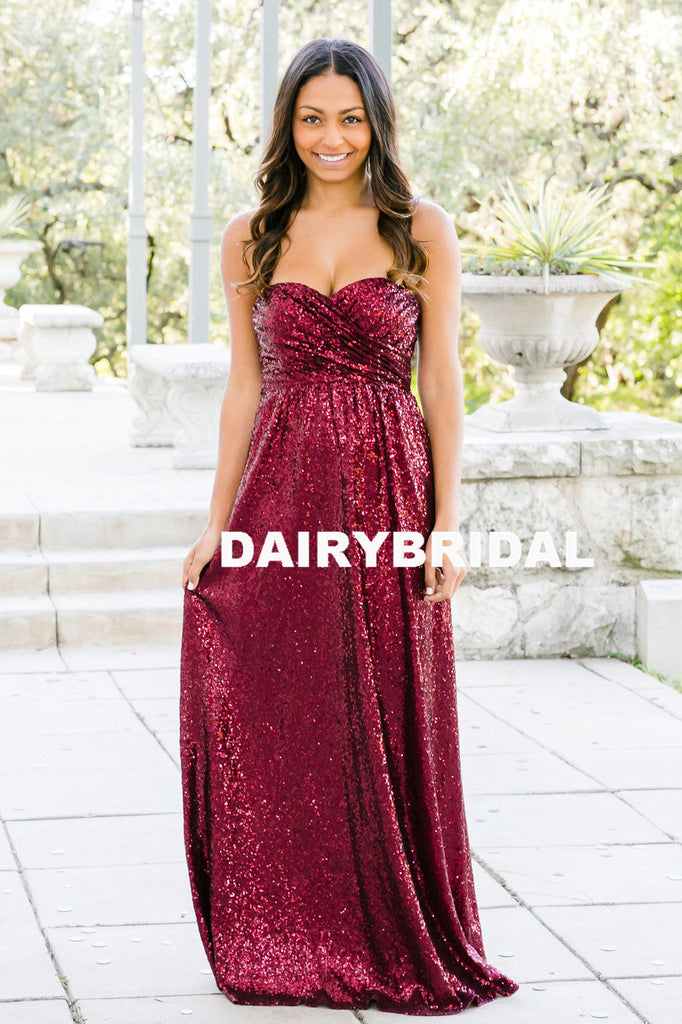 Simple Sweet Heart Backless Bridesmaid Dress, Long Sequin Floor-Length Bridesmaid Dress, D795