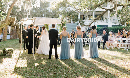 Long Round Neckline Bridesmaid Dress, Tulle Backless A-Line Cheap Bridesmaid Dress, D967