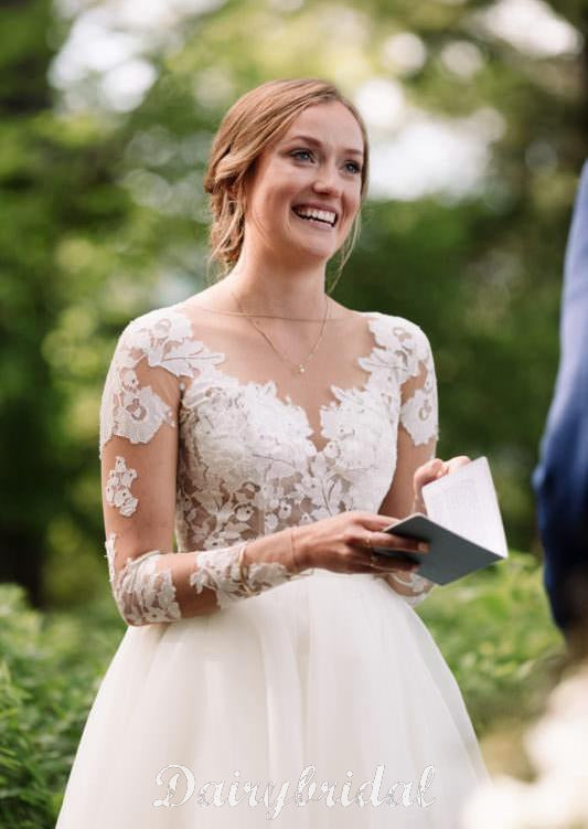 Charming Long Sleeve Lace Open-Back Wedding Dress with Detachable Chiffon Skirt, FC1480