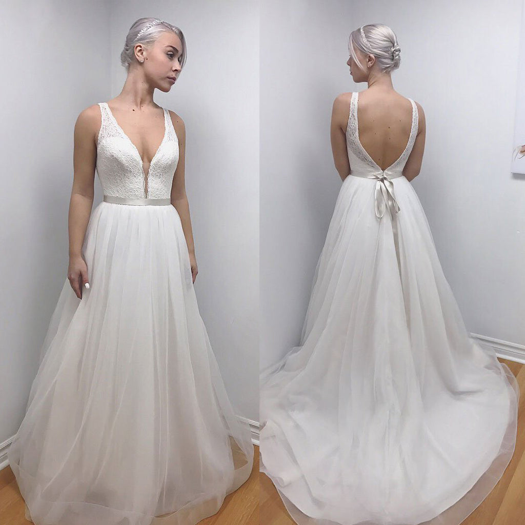 Lace Top Cheap Long Wedding Dress, A-Line Organza Backless Wedding Dress, D1056