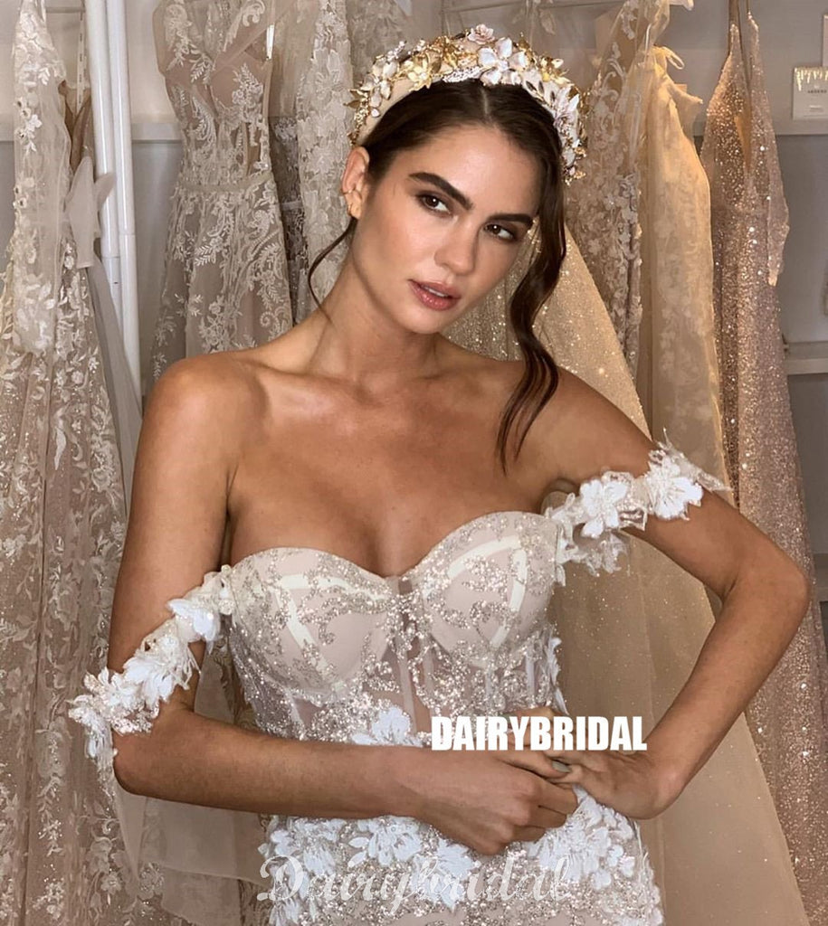 Off Shoulder Lace Mermaid Backless Sweetheart Wedding Dress, FC4686